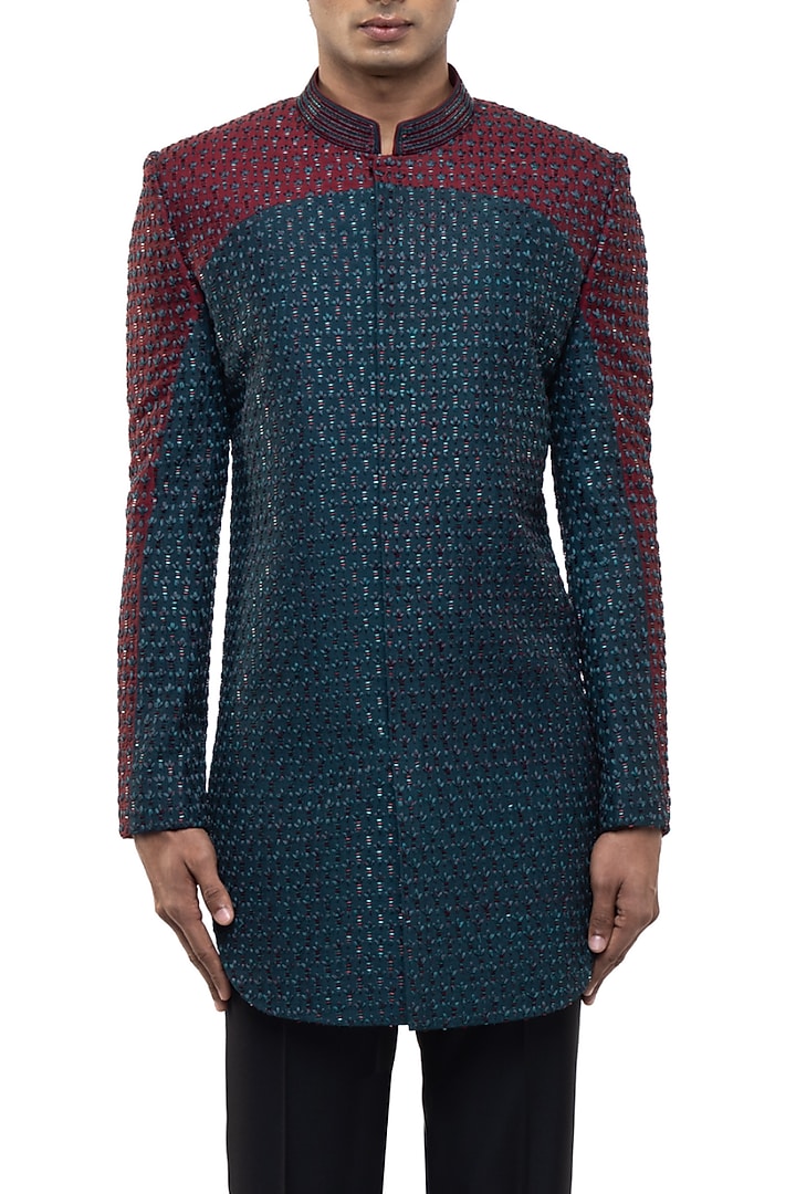 Teal Silk Embellished Groom Sherwani Set by SDS by KUSHAL SHAH at Pernia's Pop Up Shop