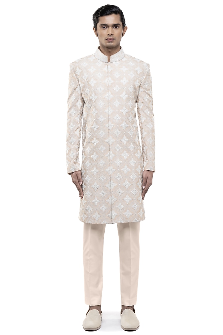 Beige Silk Dori Embroidered Groom Sherwani Set by SDS by KUSHAL SHAH at Pernia's Pop Up Shop