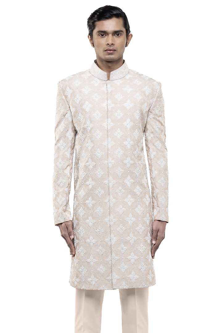 Beige Silk Dori Embroidered Groom Sherwani Set by SDS by KUSHAL SHAH at Pernia's Pop Up Shop