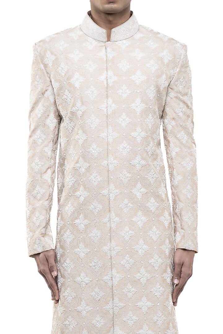 Beige Silk Dori Embroidered Groom Sherwani Set by SDS by KUSHAL SHAH at Pernia's Pop Up Shop