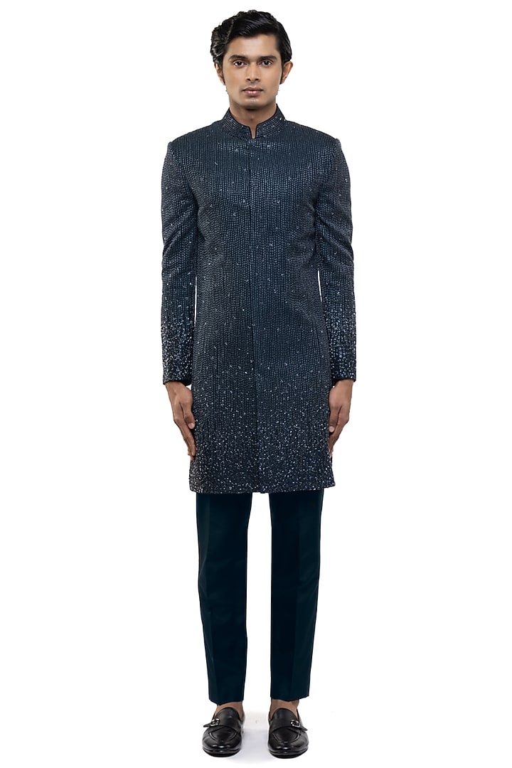 Navy Blue Silk Beadwork Groom Sherwani Set by SDS by KUSHAL SHAH at Pernia's Pop Up Shop