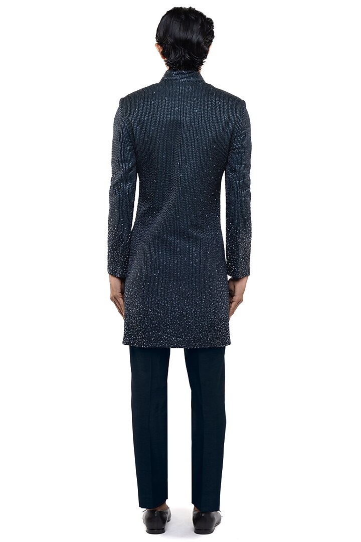 Navy Blue Silk Beadwork Groom Sherwani Set by SDS by KUSHAL SHAH at Pernia's Pop Up Shop