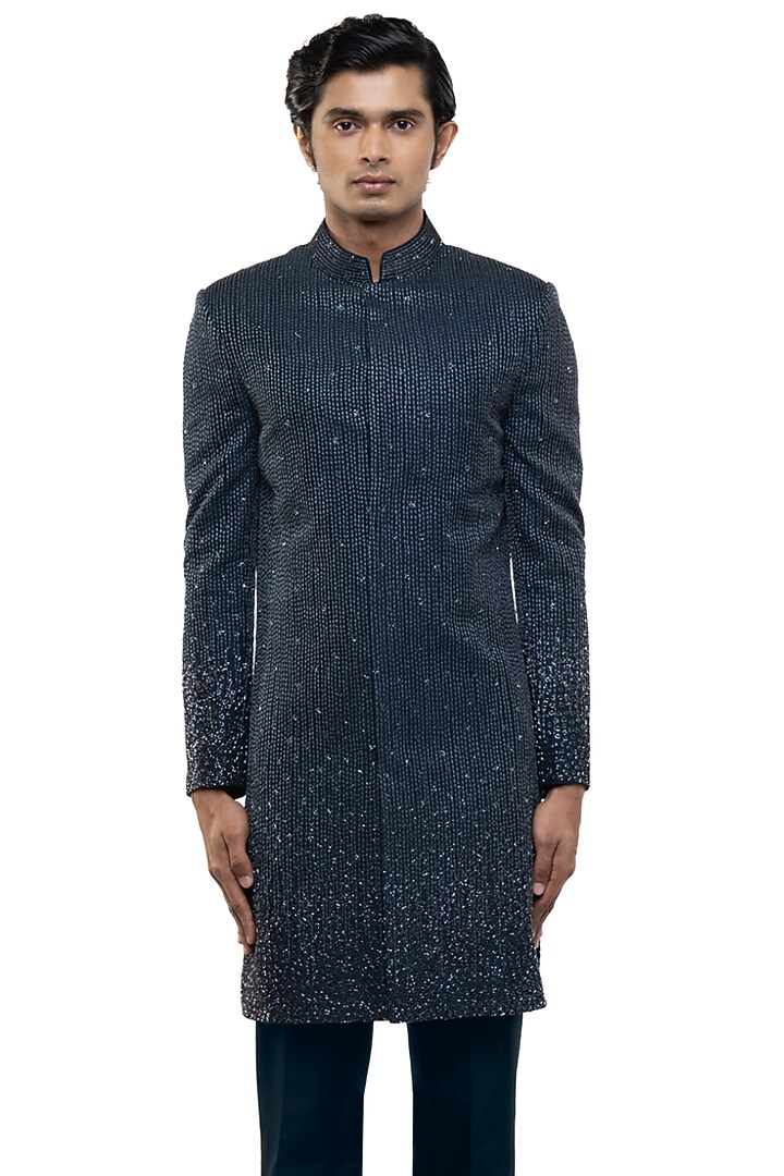 Navy Blue Silk Beadwork Groom Sherwani Set by SDS by KUSHAL SHAH at Pernia's Pop Up Shop