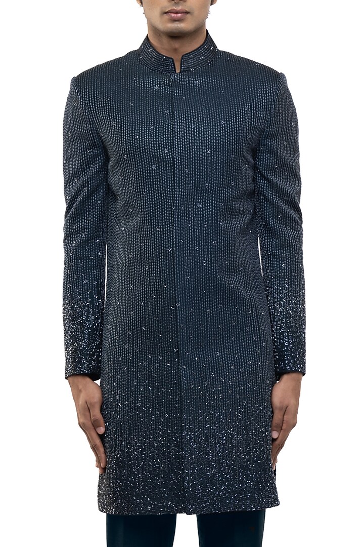 Navy Blue Silk Beadwork Groom Sherwani Set by SDS by KUSHAL SHAH at Pernia's Pop Up Shop