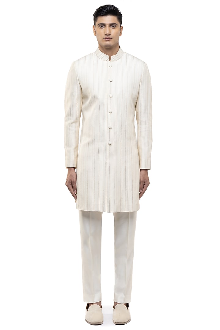 Off-White Silk Threadwork Groom Sherwani Set by SDS by KUSHAL SHAH at Pernia's Pop Up Shop