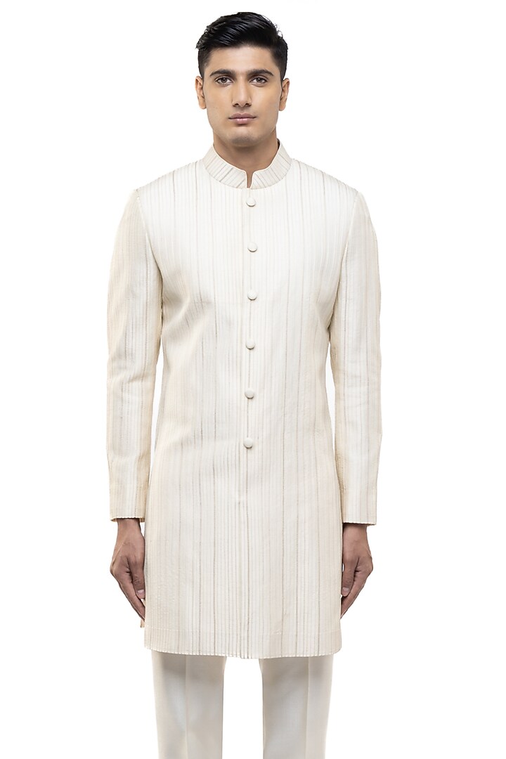 Off-White Silk Threadwork Groom Sherwani Set by SDS by KUSHAL SHAH at Pernia's Pop Up Shop