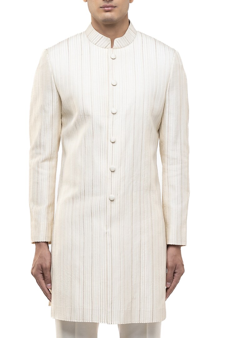 Off-White Silk Threadwork Groom Sherwani Set by SDS by KUSHAL SHAH at Pernia's Pop Up Shop