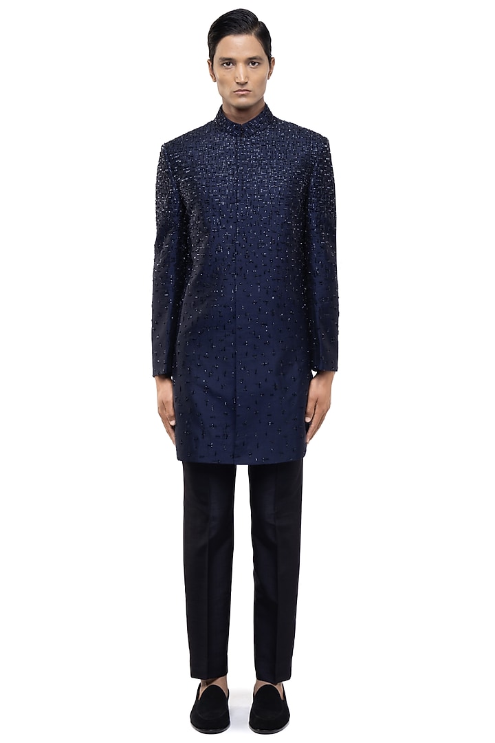 Blue Silk Thread Work Groom Sherwani Set by SDS by KUSHAL SHAH at Pernia's Pop Up Shop