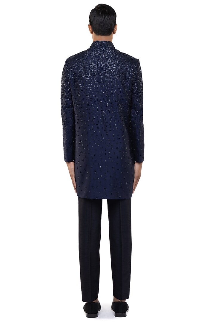 Blue Silk Thread Work Groom Sherwani Set by SDS by KUSHAL SHAH at Pernia's Pop Up Shop