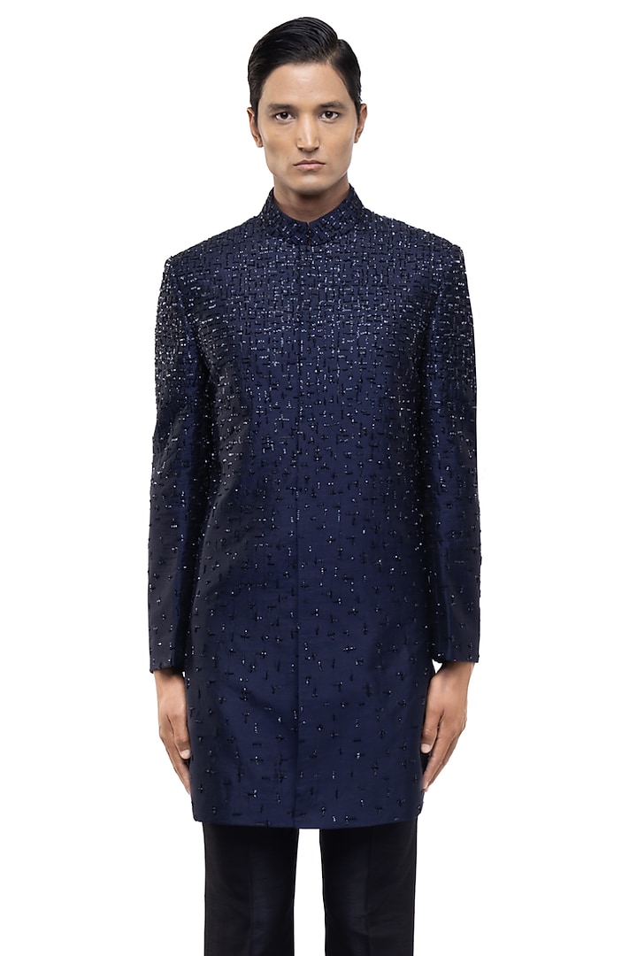 Blue Silk Thread Work Groom Sherwani Set by SDS by KUSHAL SHAH at Pernia's Pop Up Shop