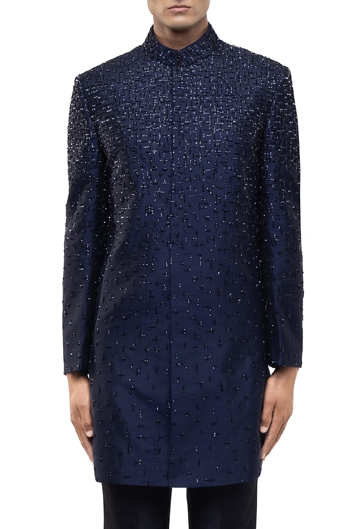 Blue Silk Thread Work Groom Sherwani Set by SDS by KUSHAL SHAH at Pernia's Pop Up Shop