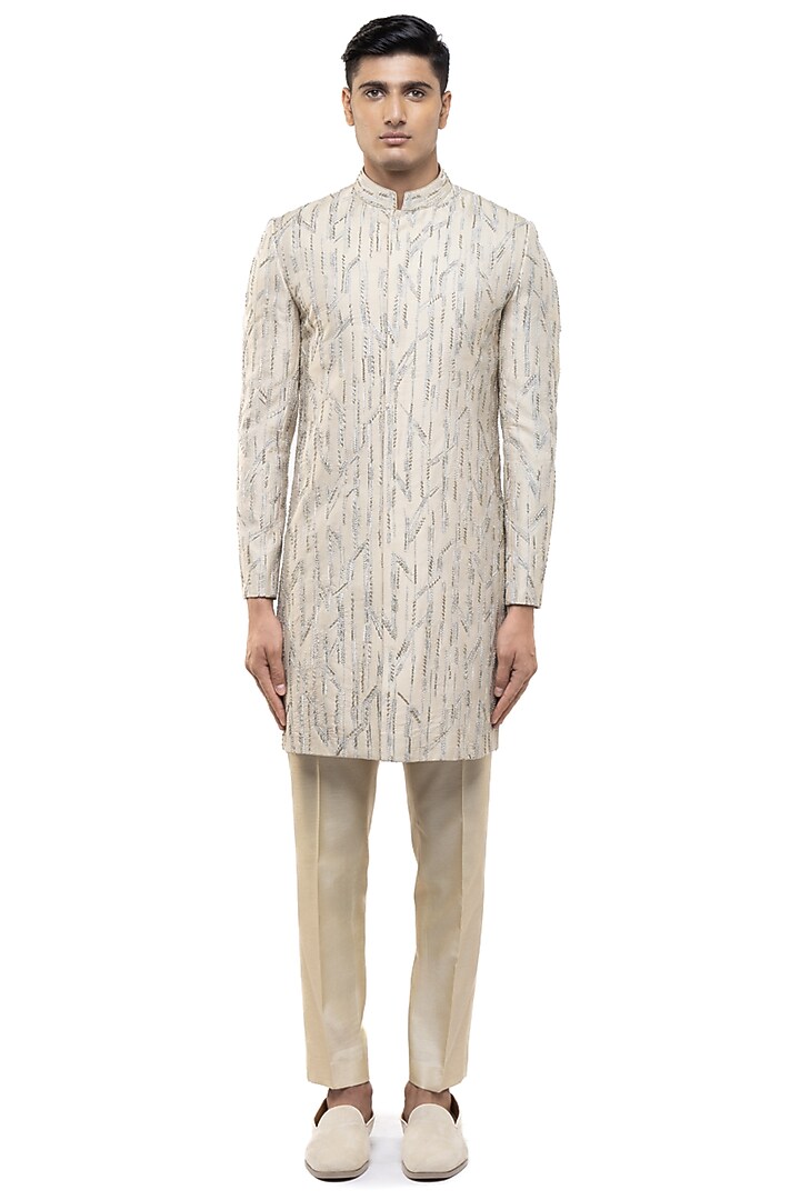 Beige Silk Sequins Embroidered Groom Sherwani Set by SDS by KUSHAL SHAH at Pernia's Pop Up Shop