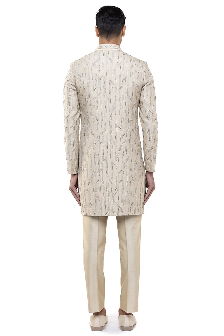 Beige Silk Sequins Embroidered Groom Sherwani Set by SDS by KUSHAL SHAH at Pernia's Pop Up Shop