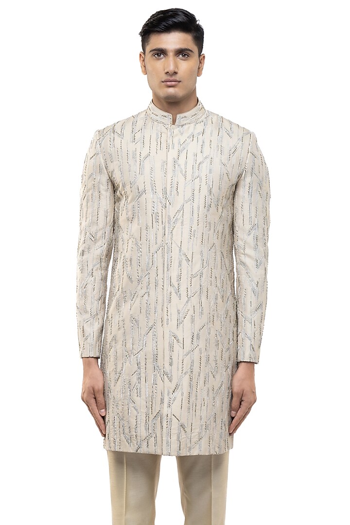 Beige Silk Sequins Embroidered Groom Sherwani Set by SDS by KUSHAL SHAH at Pernia's Pop Up Shop