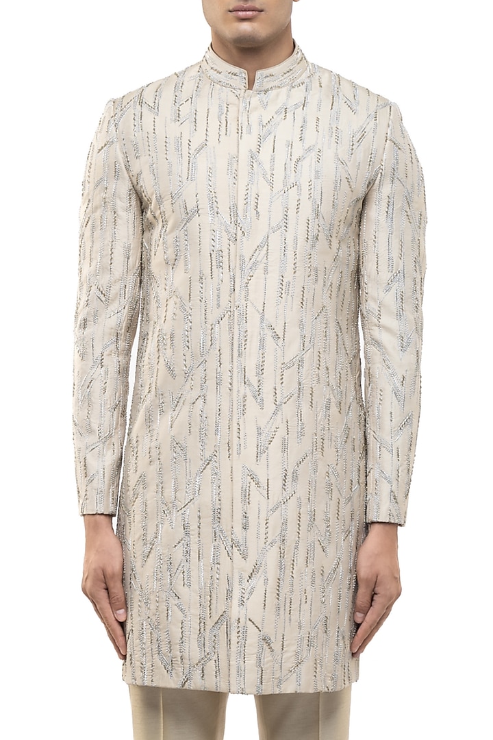 Beige Silk Sequins Embroidered Groom Sherwani Set by SDS by KUSHAL SHAH at Pernia's Pop Up Shop