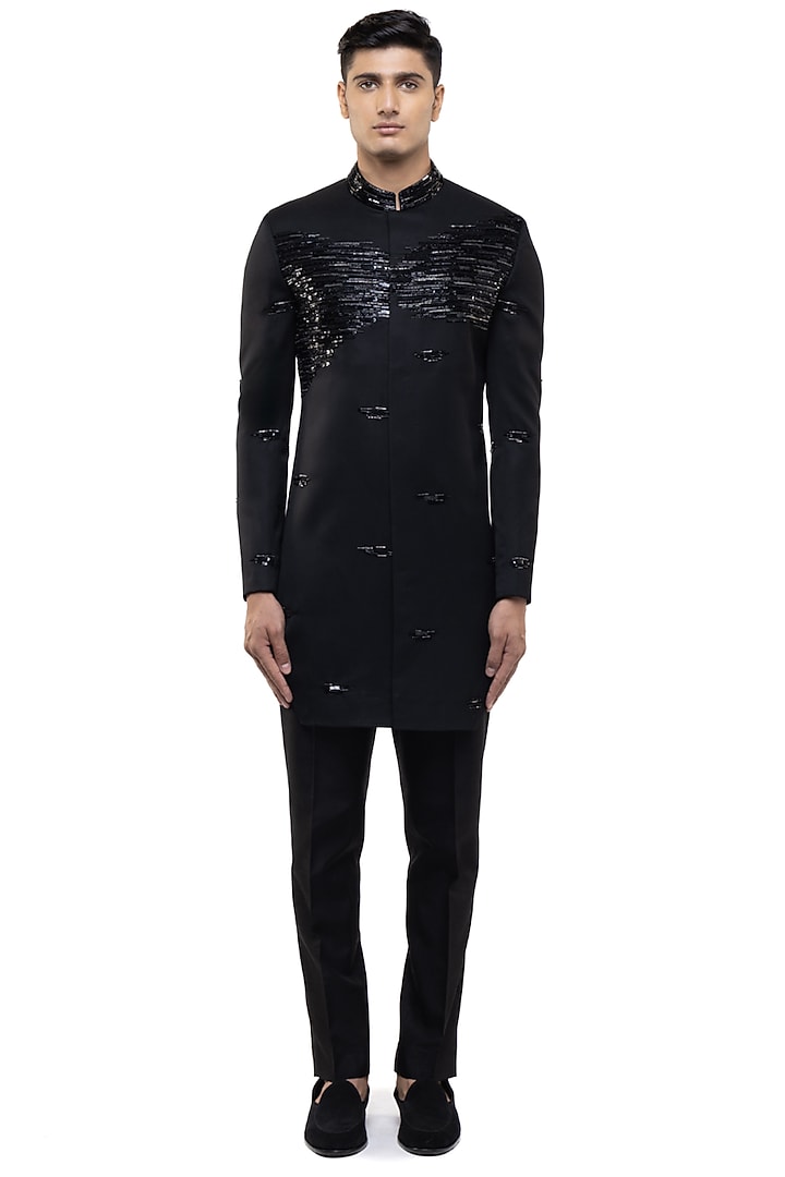 Black Silk Sequins Embroidered Groom Sherwani Set by SDS by KUSHAL SHAH at Pernia's Pop Up Shop