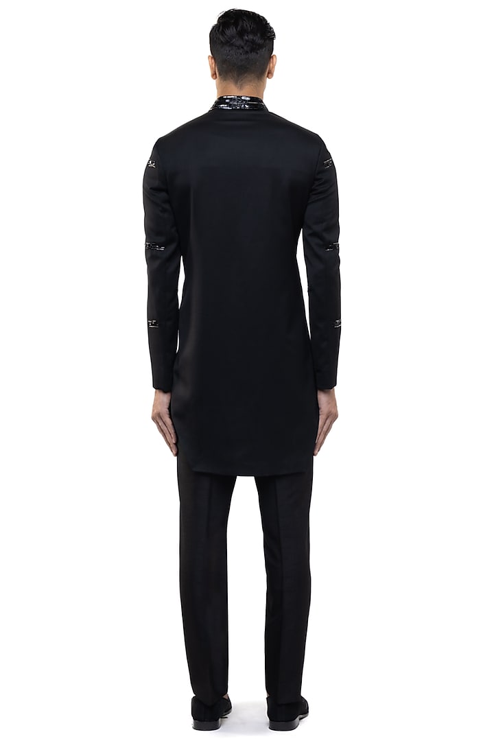 Black Silk Sequins Embroidered Groom Sherwani Set by SDS by KUSHAL SHAH at Pernia's Pop Up Shop