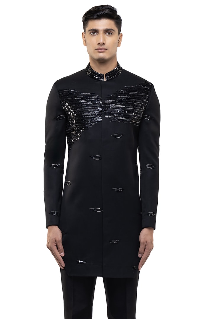 Black Silk Sequins Embroidered Groom Sherwani Set by SDS by KUSHAL SHAH at Pernia's Pop Up Shop