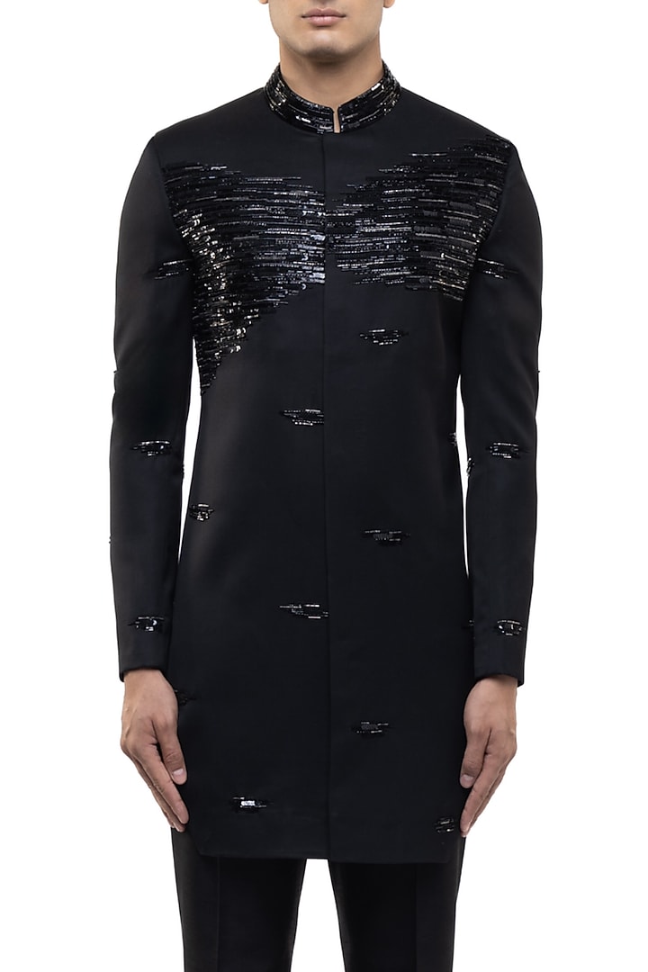Black Silk Sequins Embroidered Groom Sherwani Set by SDS by KUSHAL SHAH at Pernia's Pop Up Shop