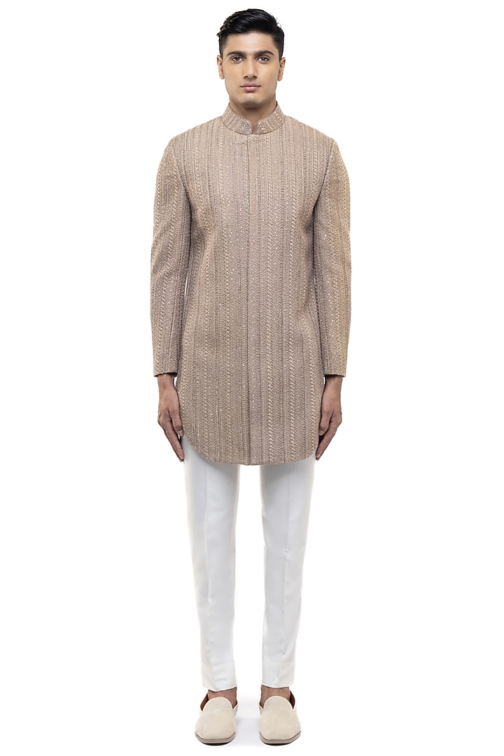 Beige Cotton Thread Embroidered Groom Sherwani Set by SDS by KUSHAL SHAH at Pernia's Pop Up Shop
