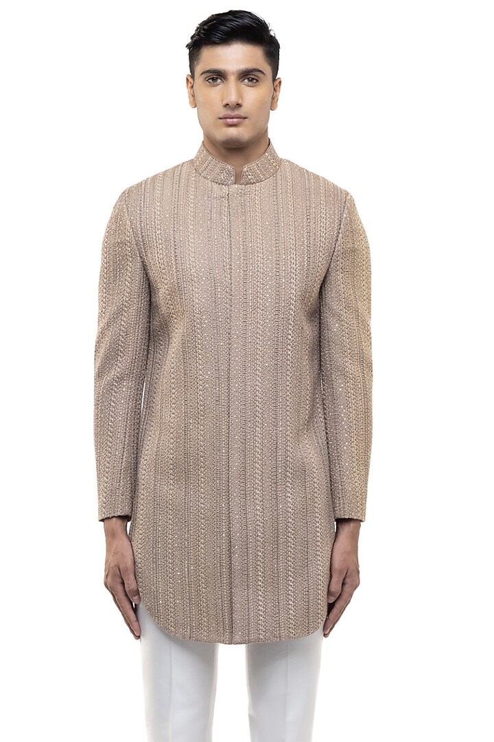 Beige Cotton Thread Embroidered Groom Sherwani Set by SDS by KUSHAL SHAH at Pernia's Pop Up Shop