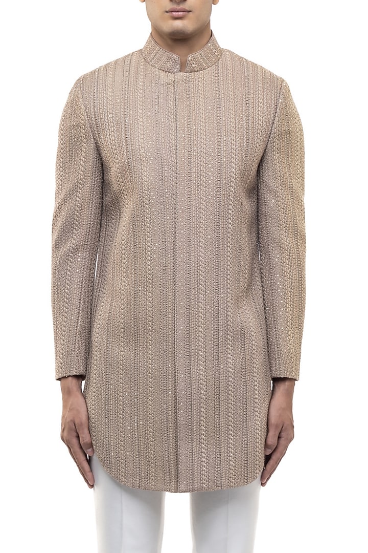 Beige Cotton Thread Embroidered Groom Sherwani Set by SDS by KUSHAL SHAH at Pernia's Pop Up Shop