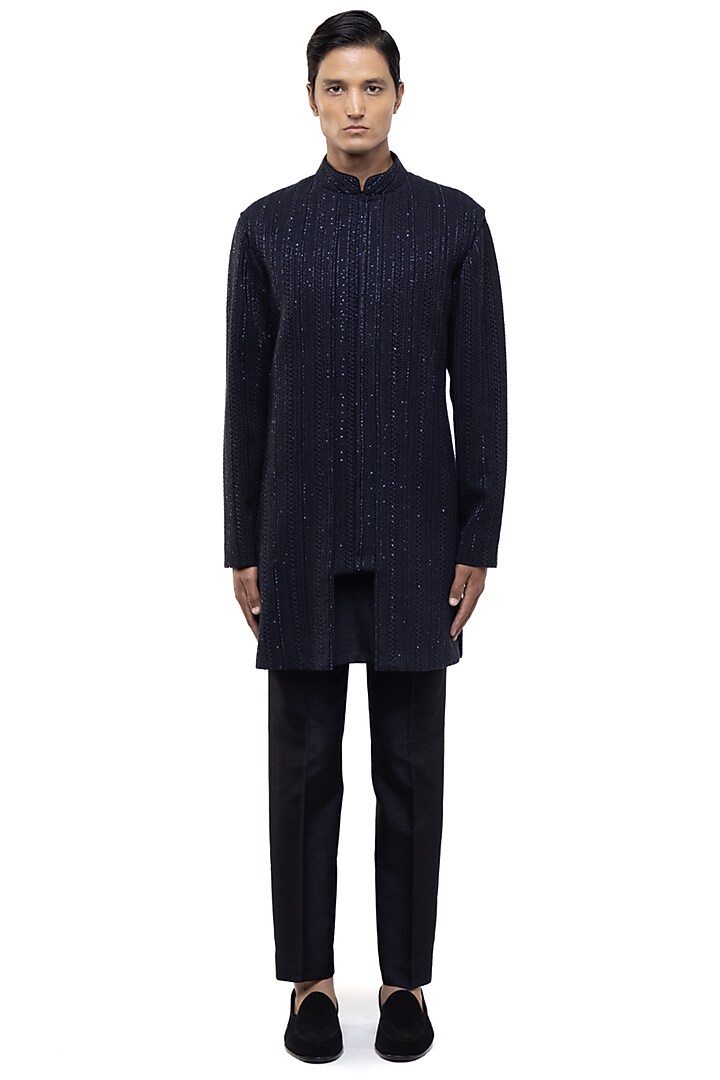 Navy Blue Silk Thread Embroidered Achkan Set by SDS by KUSHAL SHAH at Pernia's Pop Up Shop