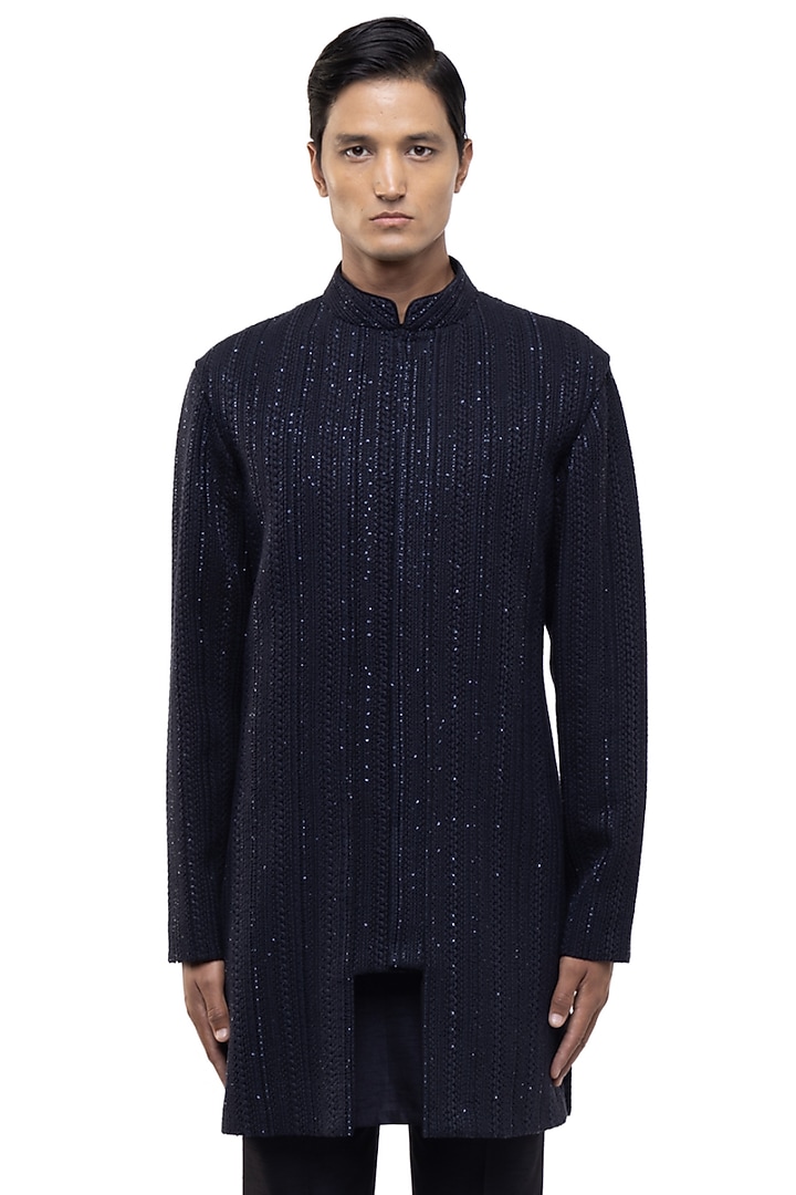 Navy Blue Silk Thread Embroidered Achkan Set by SDS by KUSHAL SHAH at Pernia's Pop Up Shop