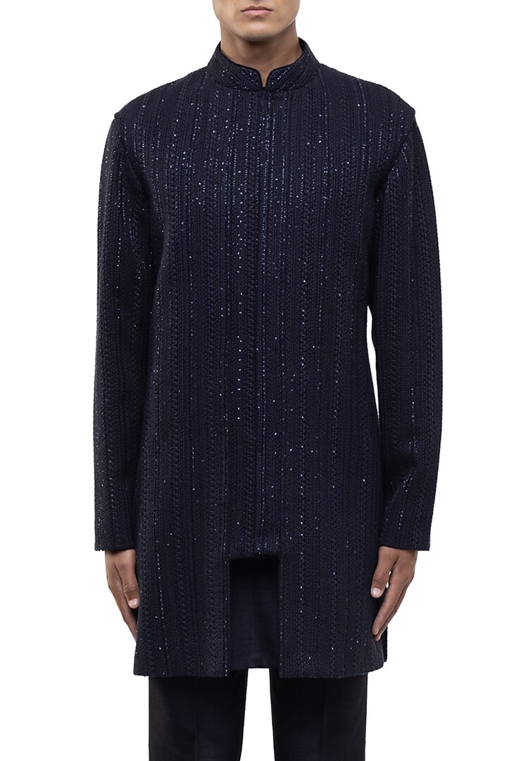 Navy Blue Silk Thread Embroidered Achkan Set by SDS by KUSHAL SHAH at Pernia's Pop Up Shop