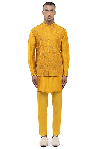 Yellow Georgette Floral Embroidered Bundi Set by SDS by KUSHAL SHAH