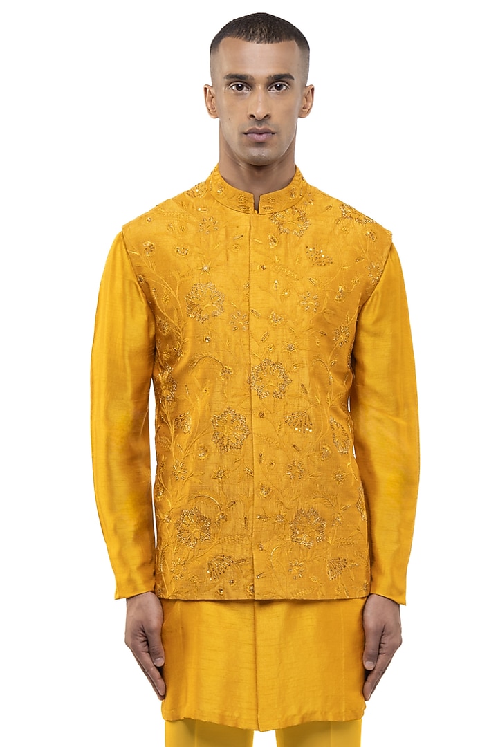 Yellow Georgette Floral Embroidered Bundi Set by SDS by KUSHAL SHAH at Pernia's Pop Up Shop
