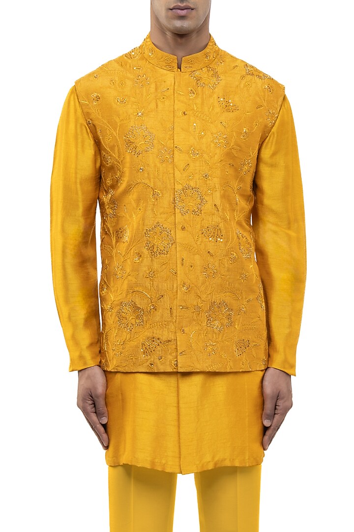 Yellow Georgette Floral Embroidered Bundi Set by SDS by KUSHAL SHAH at Pernia's Pop Up Shop