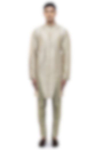 Beige & Sage Green Linen Asymmetric Kurta Set by SDS by KUSHAL SHAH at Pernia's Pop Up Shop