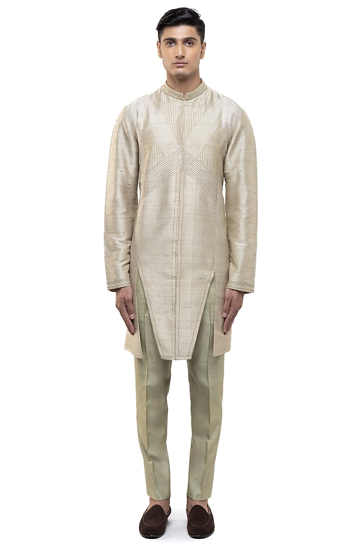 Beige & Sage Green Linen Asymmetric Kurta Set by SDS by KUSHAL SHAH at Pernia's Pop Up Shop