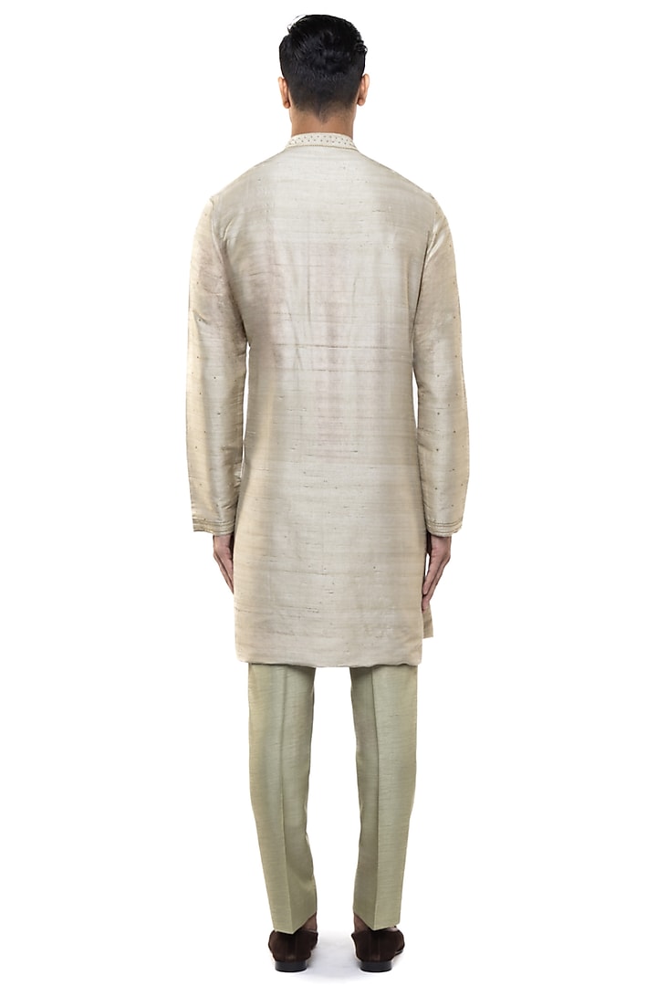 Beige & Sage Green Linen Asymmetric Kurta Set by SDS by KUSHAL SHAH at Pernia's Pop Up Shop