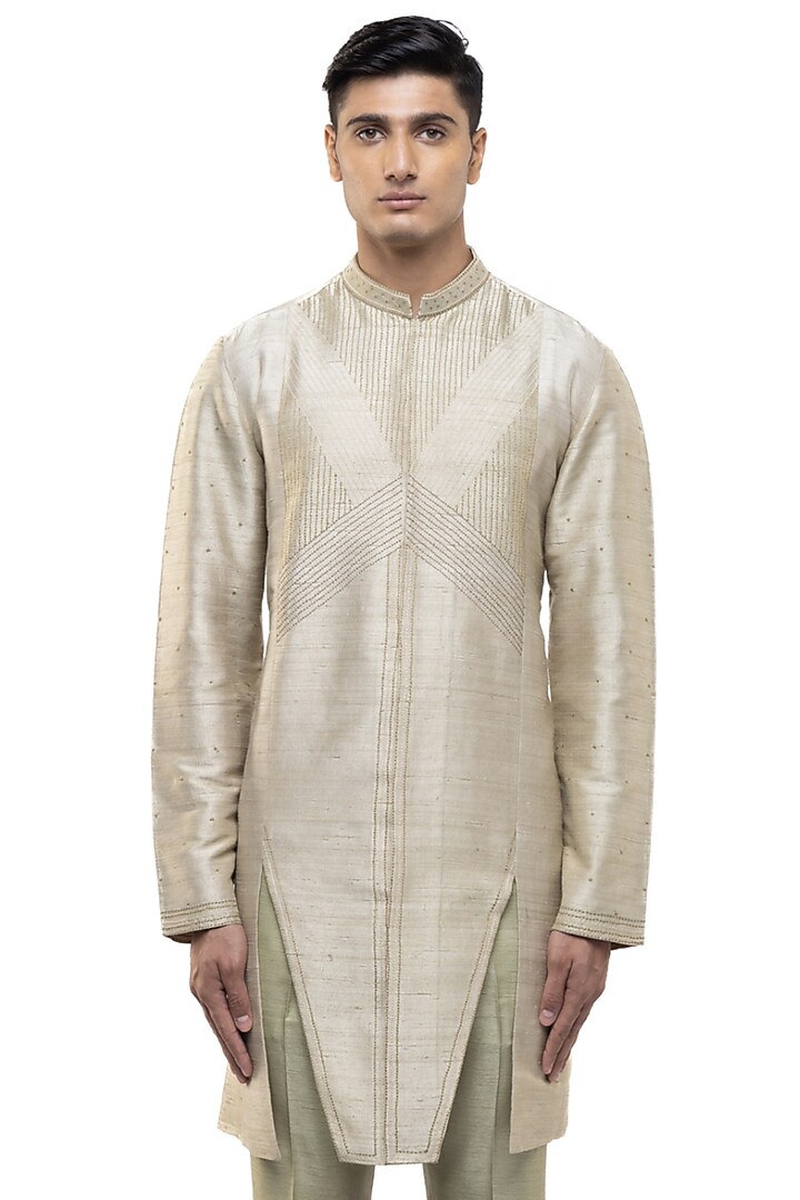 Beige & Sage Green Linen Asymmetric Kurta Set by SDS by KUSHAL SHAH at Pernia's Pop Up Shop