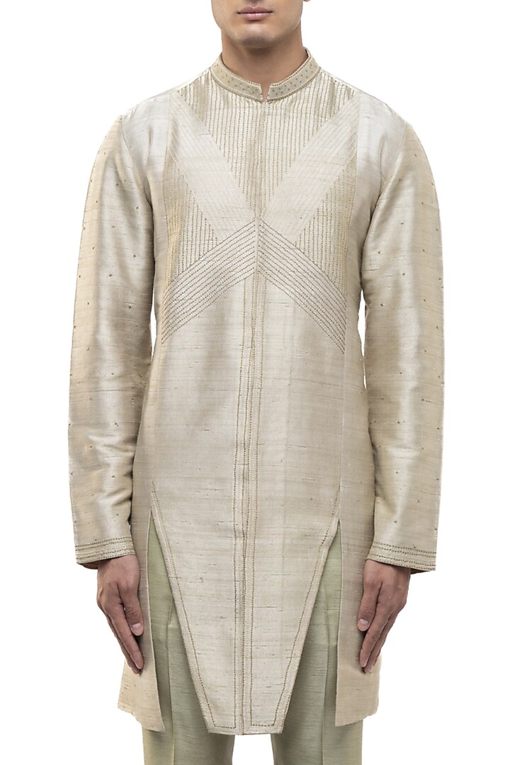 Beige & Sage Green Linen Asymmetric Kurta Set by SDS by KUSHAL SHAH at Pernia's Pop Up Shop