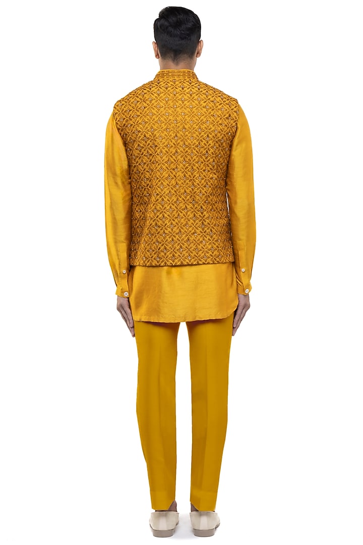 Yellow Silk Motif Embellished Bundi Set by SDS by KUSHAL SHAH at Pernia's Pop Up Shop