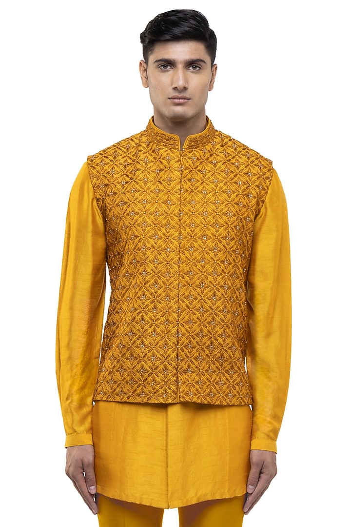 Yellow Silk Motif Embellished Bundi Set by SDS by KUSHAL SHAH at Pernia's Pop Up Shop