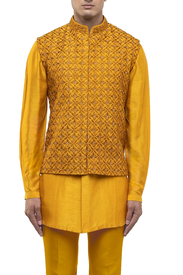 Yellow Silk Motif Embellished Bundi Set by SDS by KUSHAL SHAH at Pernia's Pop Up Shop