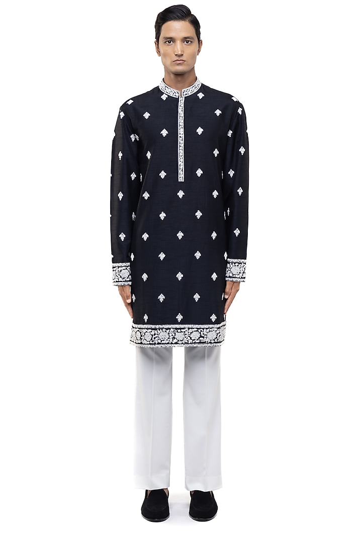 Black & White Silk Dori Embroidered Kurta Set by SDS by KUSHAL SHAH at Pernia's Pop Up Shop