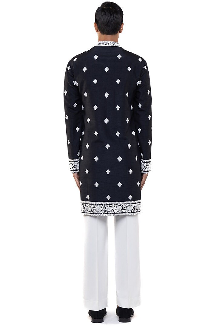 Black & White Silk Dori Embroidered Kurta Set by SDS by KUSHAL SHAH at Pernia's Pop Up Shop