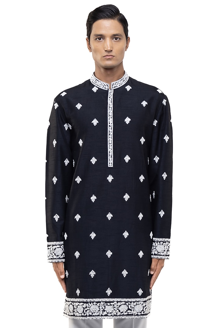 Black & White Silk Dori Embroidered Kurta Set by SDS by KUSHAL SHAH at Pernia's Pop Up Shop