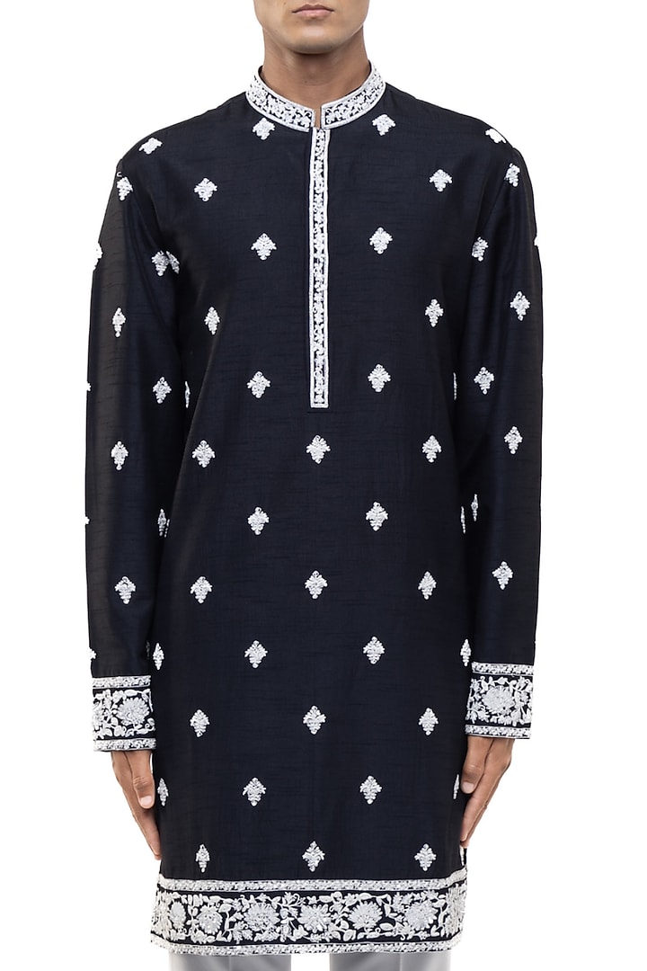Black & White Silk Dori Embroidered Kurta Set by SDS by KUSHAL SHAH at Pernia's Pop Up Shop