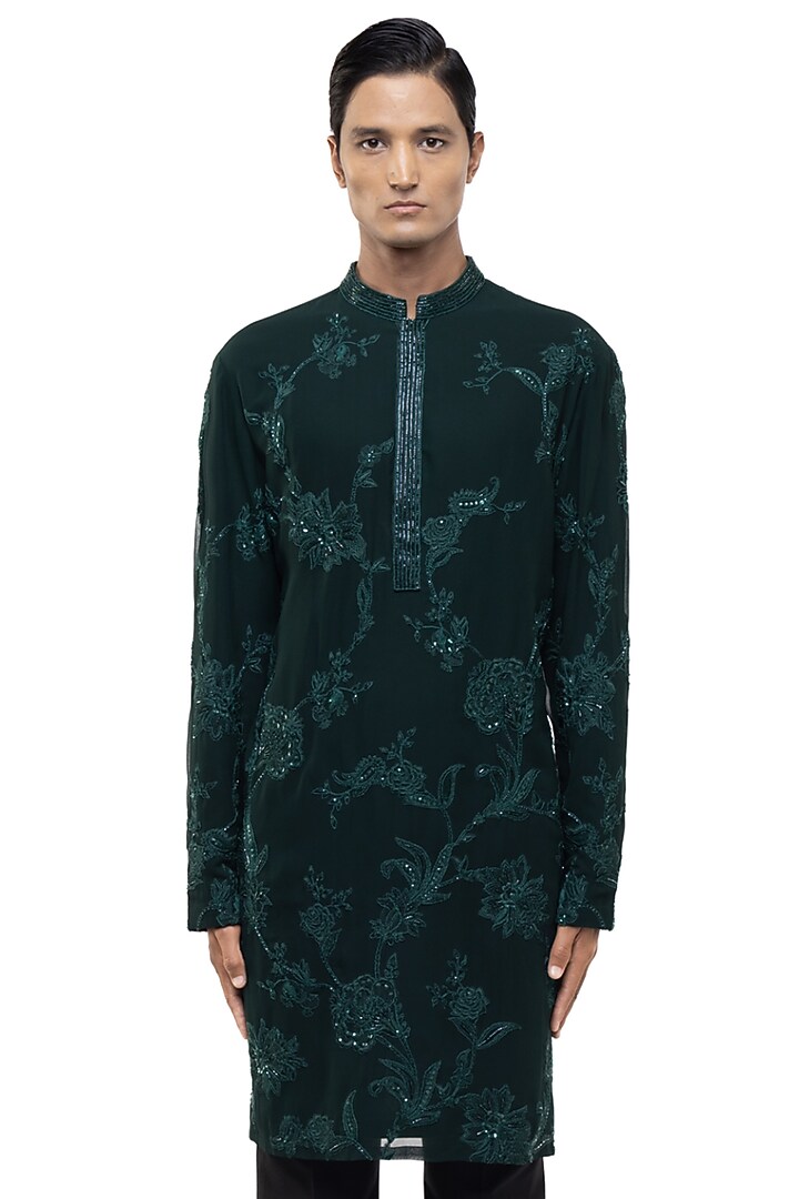 Green Georgette Floral Embroidered Kurta Set by SDS by KUSHAL SHAH at Pernia's Pop Up Shop