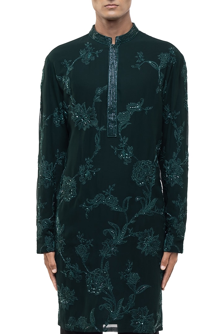 Green Georgette Floral Embroidered Kurta Set by SDS by KUSHAL SHAH at Pernia's Pop Up Shop