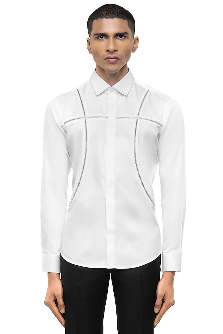 White Giza Cotton Party Wear Shirt by SDS by KUSHAL SHAH at Pernia's Pop Up Shop