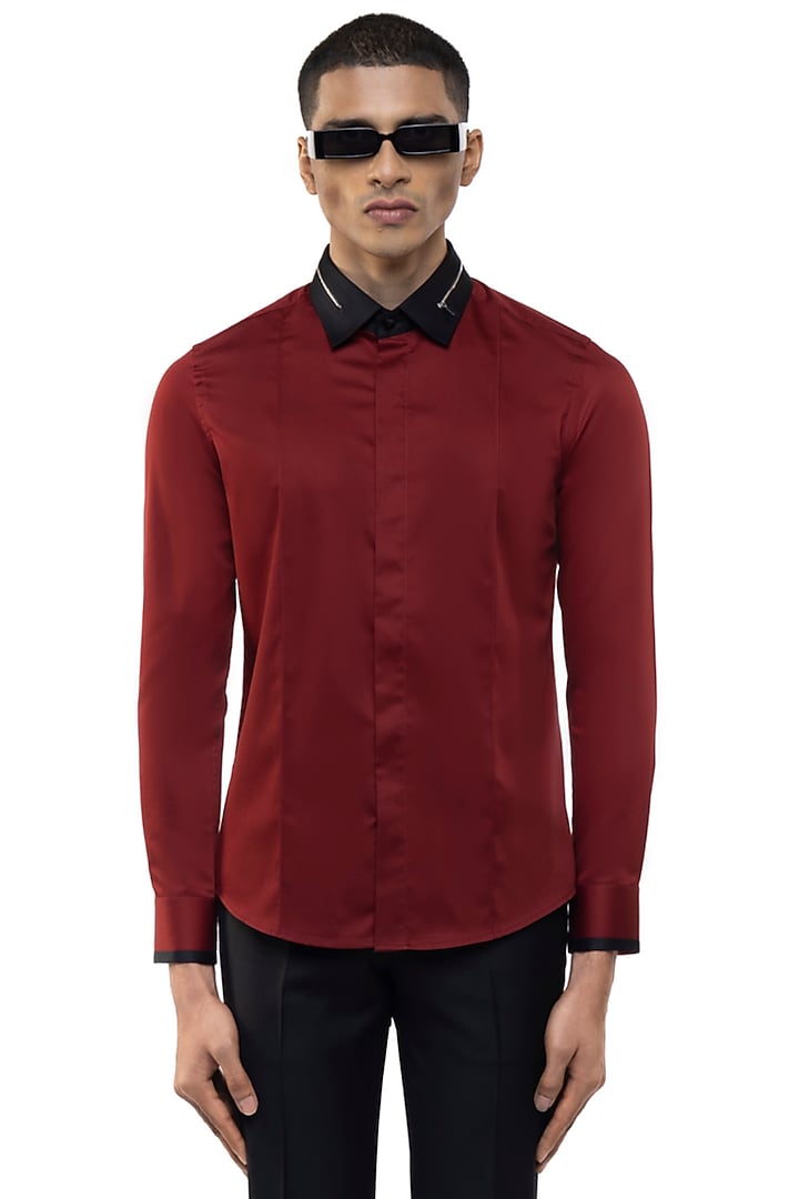 Maroon Giza Cotton Party Wear Shirt by SDS by KUSHAL SHAH at Pernia's Pop Up Shop