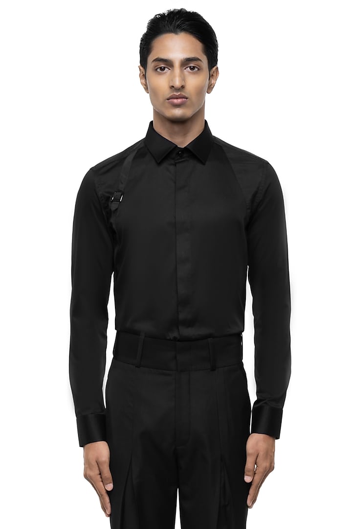 Black Giza Cotton Party Wear Shirt by SDS by KUSHAL SHAH at Pernia's Pop Up Shop