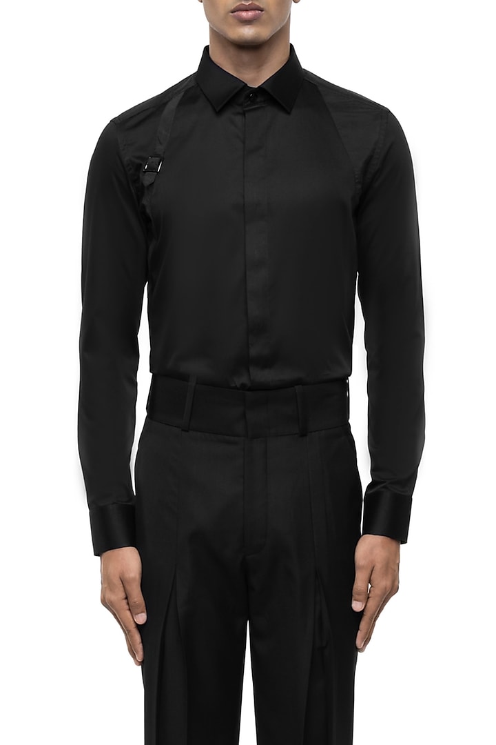 Black Giza Cotton Party Wear Shirt by SDS by KUSHAL SHAH at Pernia's Pop Up Shop